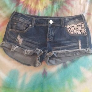 Women’s dark denim short shorts crochet detail 7